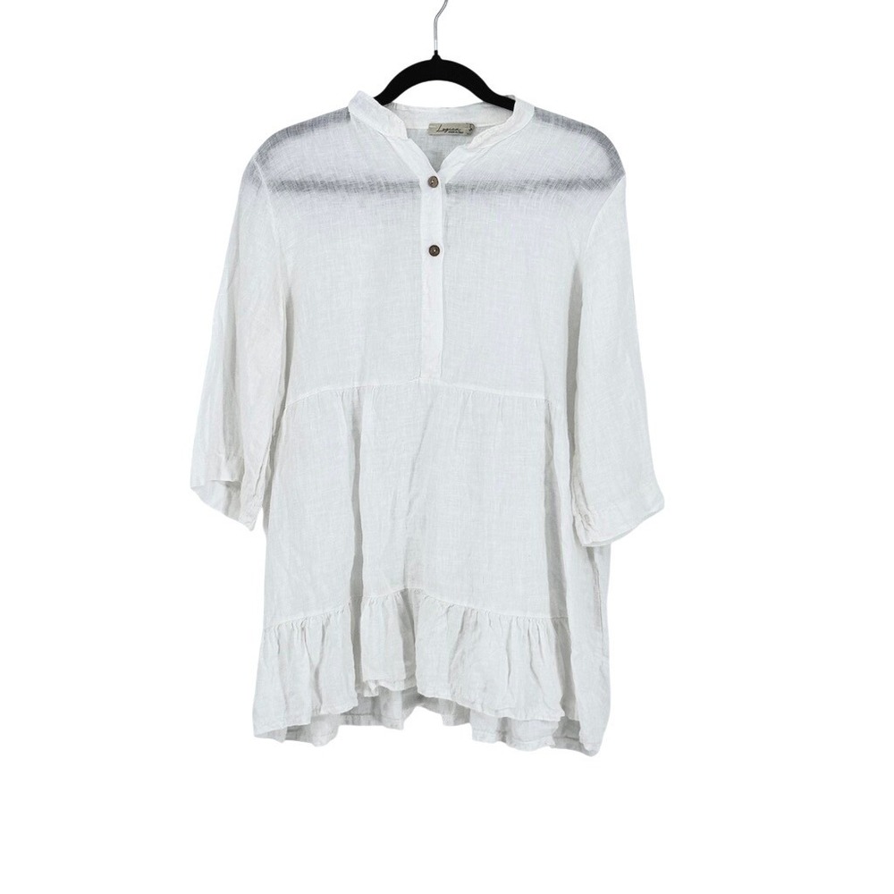 Womens White 100% Linen Tiered Sheer Top Tunic Italy Medium Coastal Euro Summer